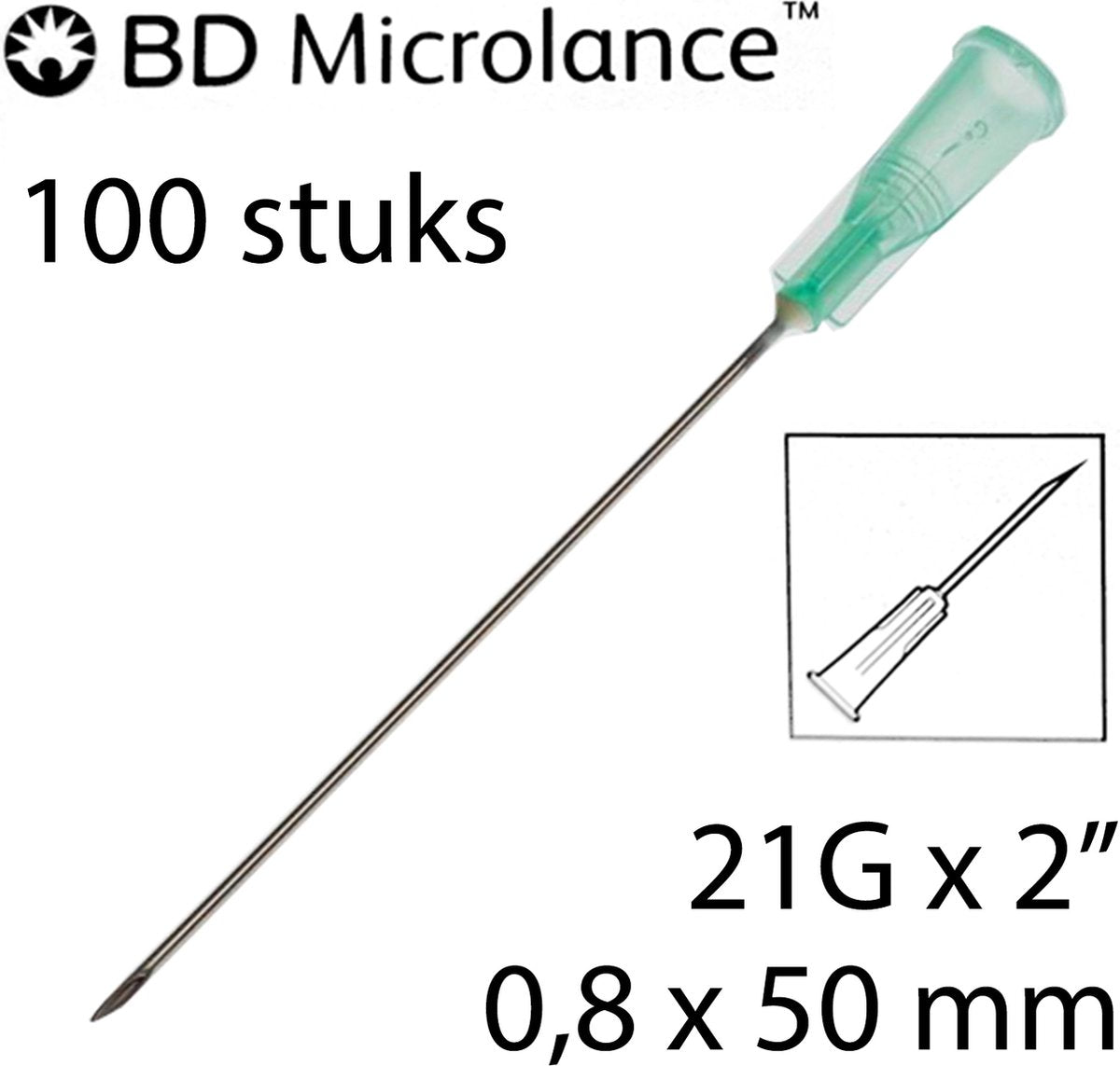 BD Microlance - Injectienaald - 0,8 x 50mm - 100 st. - Groen - 21G x 2" (Steriele naalden)