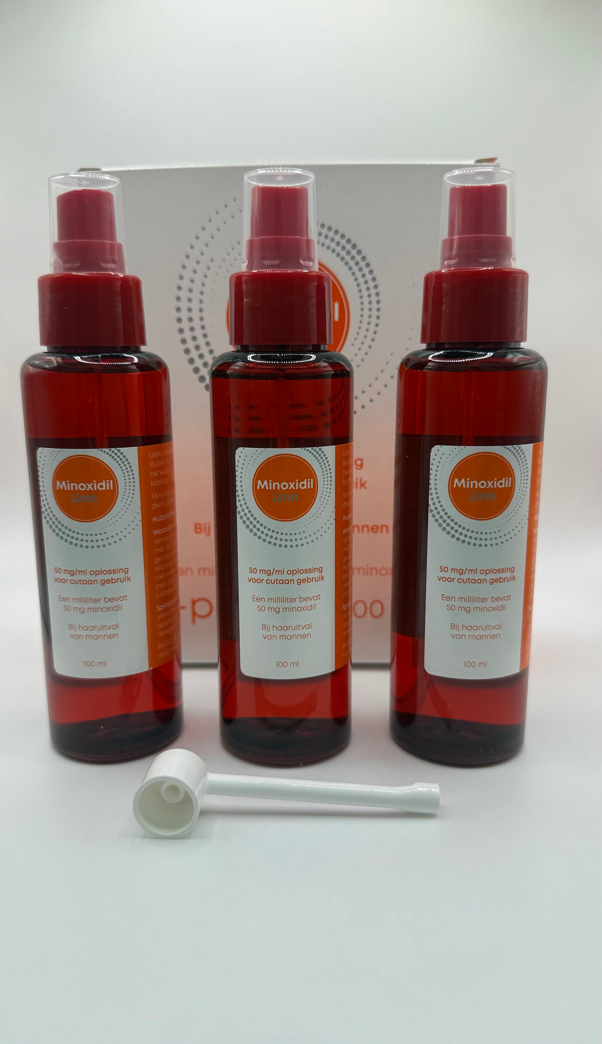 Minoxidil Linn haarlotion 50 mg/ml – 3x 100 ml flacons met spray en doos – bij beginnende en erfelijke kaalheid mannen