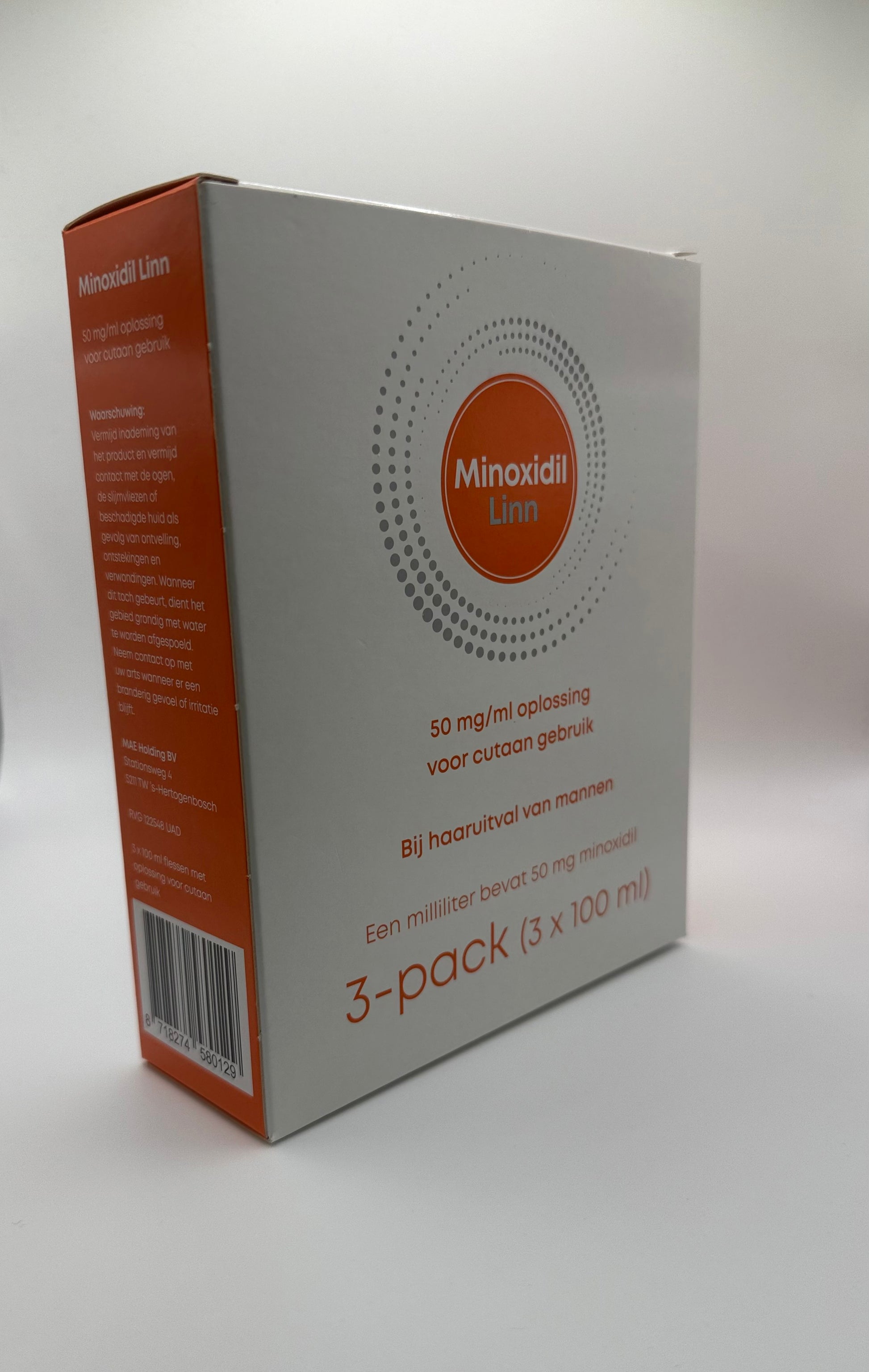 Zijkant Minoxidil Linn verpakking met waarschuwingen en fabrikant – 3x 100 ml haaruitvalbehandeling voor mannen
