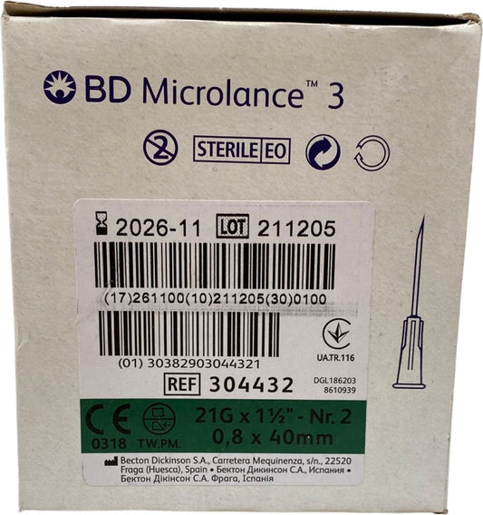 BD Microlance - Gelaat Steriele Naalden - 21g - 0.8 x 40 mm - Groen - Gerstkorrel - Milia - Comedonen - 100 Stuks