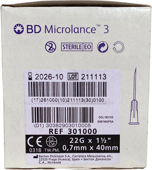 BD Microlance - Gelaat Steriele Naalden - 22g - 0.7 x 40 mm - Zwart - Gerstkorrel - Milia - Comedonen - 100 Stuks