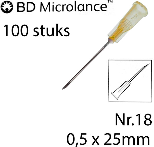 BD Microlance - Injectienaald - 0,5 x 25mm - 100 st. - Oranje - Nr.18 - 25G x 1" (Steriele naalden)