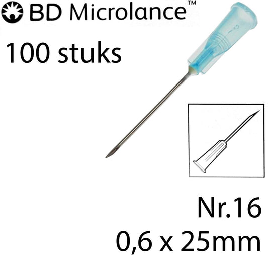 BD Microlance - Injectienaald - 0,6 x 25mm - 100 st. - Blauw - Nr.16 - 23G x 1" (Steriele naalden)