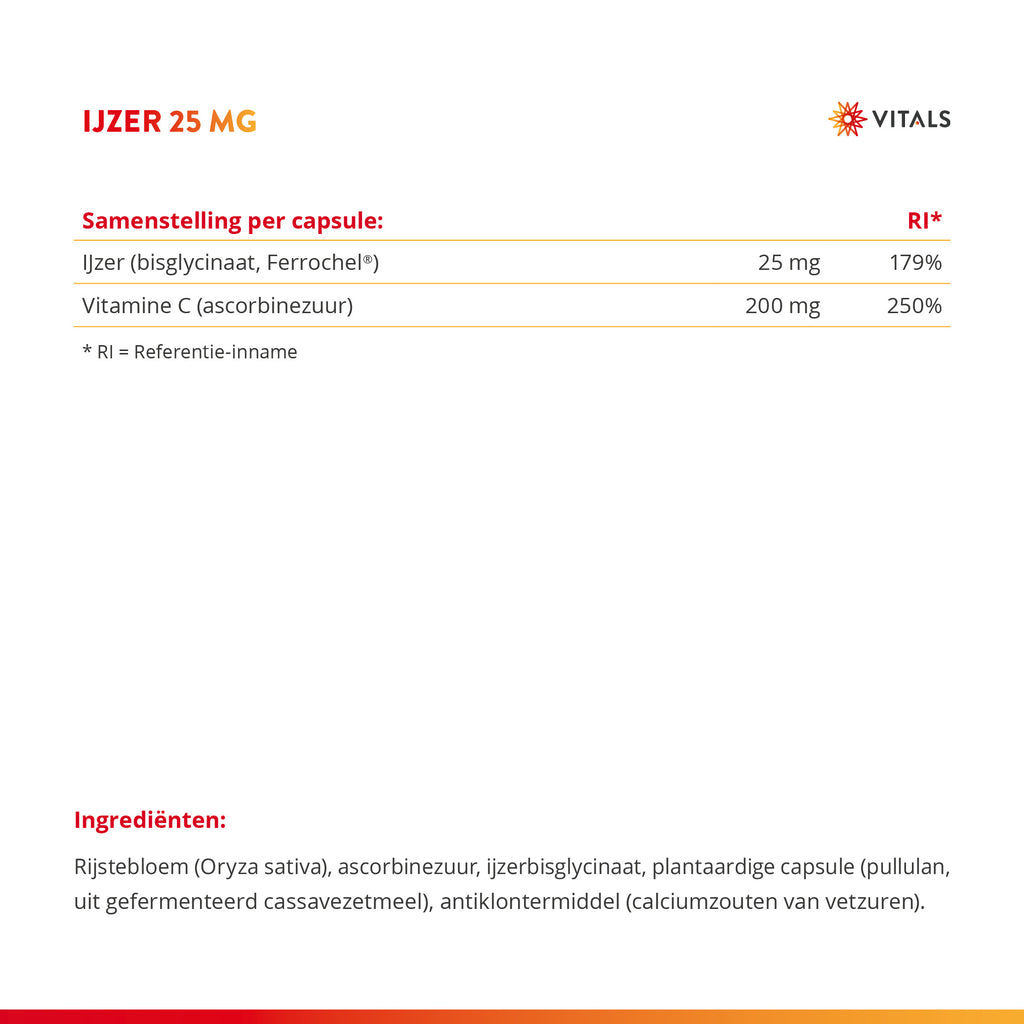 Vitals IJzer 25 mg met Vitamine C Capsules – 100 stuks | Weerstand