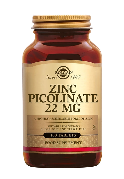 Solgar Zinc Picolinate 22mg 100 tabletten – Hoogwaardige Zinkondersteuning voor Huid, Vruchtbaarheid en Celbescherming