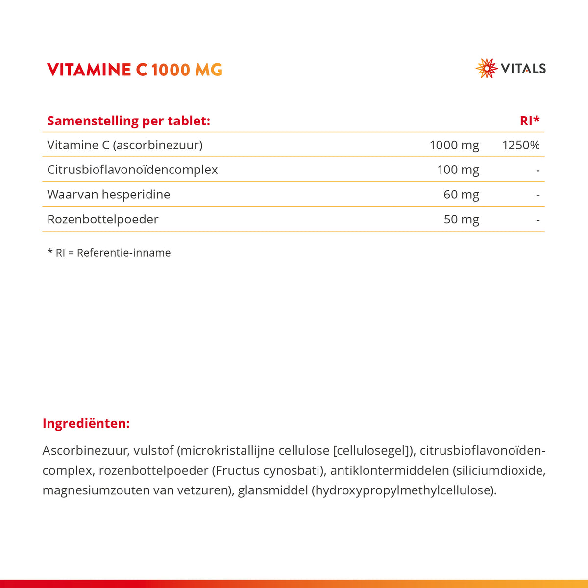 Vitals Vitamine C Tabletten 1000 mg – 100 stuks | Weerstand
